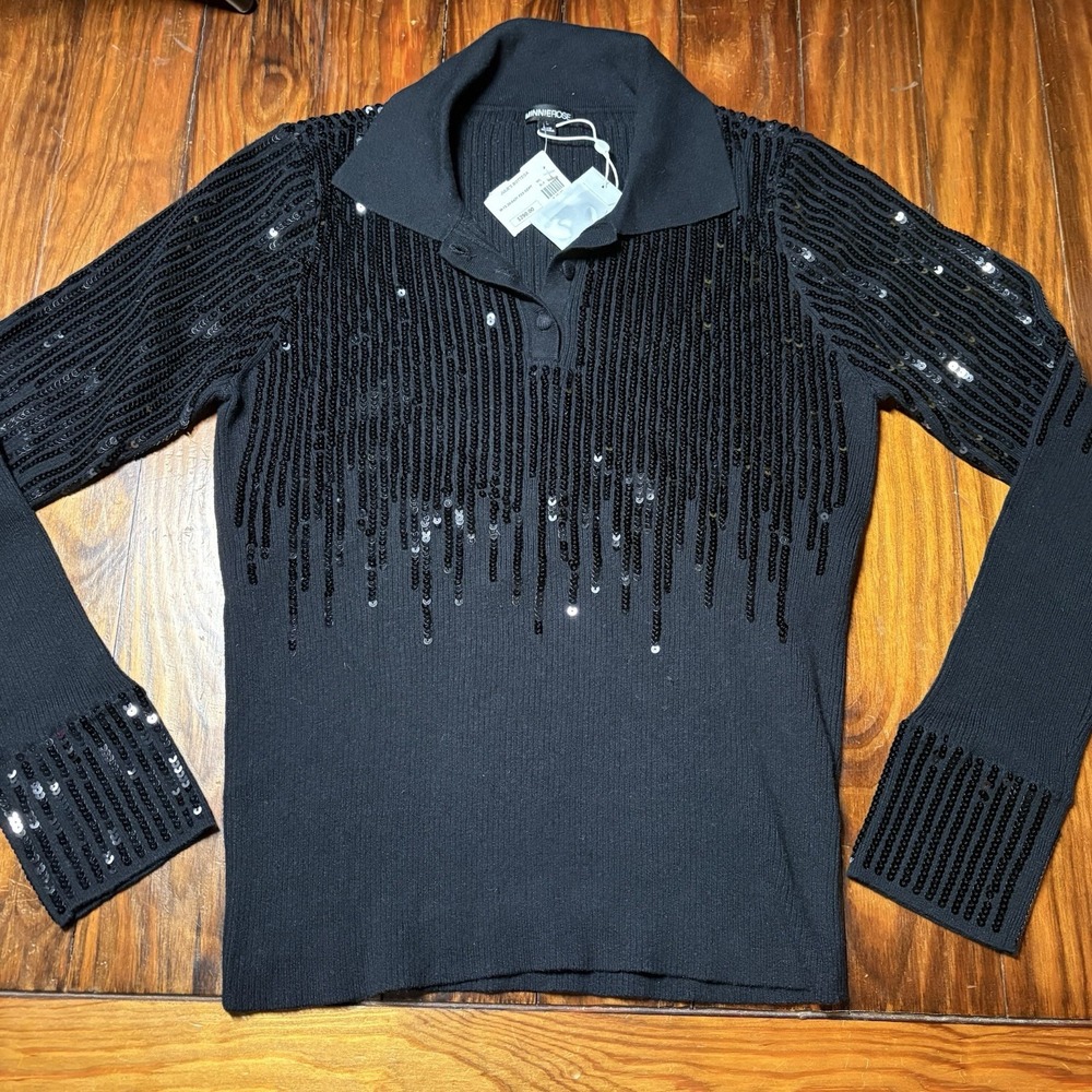Minnie Rose Black Sequin Collared Polo Sweater New Sz L A1428